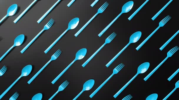 Abstract Render Animation Blue Forks Spoons Moving Black Background Surface — Stock Video