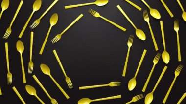 Abstract 3D render animation yellow forks and spoons rotating around on black background surface. Seamless loop footage. Creative concept video for cooking theme.