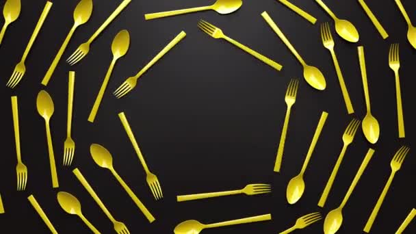 Abstract Render Animation Yellow Forks Spoons Rotating Black Background Surface — Wideo stockowe