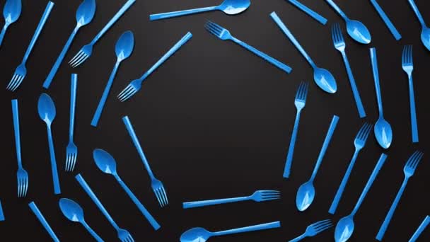 Abstract Render Animation Blue Forks Spoons Rotating Black Background Surface — Vídeos de Stock