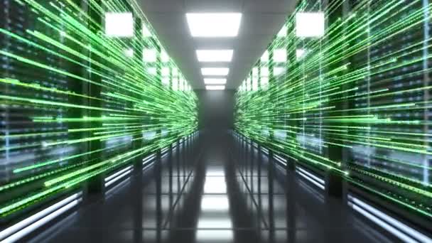 Digital Green Line Information Flying Data Centers Server Room Footage — Stock Video