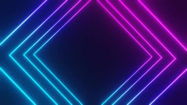 Neon ve Mavi ışıklar 3 boyutlu kusursuz animasyon şablonu. Neon kare çerçeveler görünür ve kaybolur, soyut neon geometrik arkaplan döngüsü, parlak pembe menekşe çizgileri, sonsuz