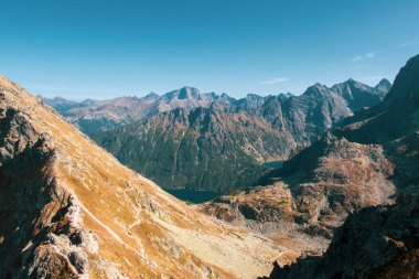 Polonya 'nın yüksek Tatra Dağları' ndaki Miedziane dağı, Szpiglasowy Wierch Dağı 'ndan Morskie Oko (Denizin Gözü) ve Czarny Staw Gölleri ile birlikte görülen bakır renkli çimlerle sonbaharda görülür..