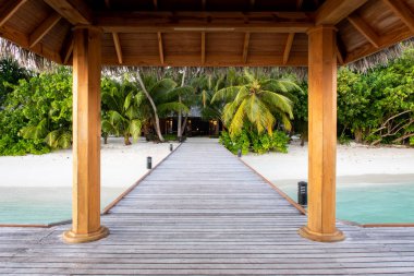 Wooden pier leading to tropical island with lush palm trees and white sany beach with thatched roof above, Maldives. clipart