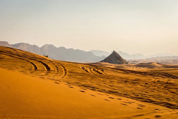 Golden desert dunes with rocky Jebel Al Fayah mountains in the background, footsteps and 4x4 tire tracks on sand, Fossil Rock, United Arab Emirates.
