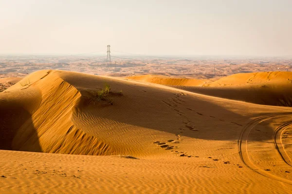 Golden Desert Dune Field Landscape Footsteps Transmission Towers Horizon Fossil — Stock Fotó