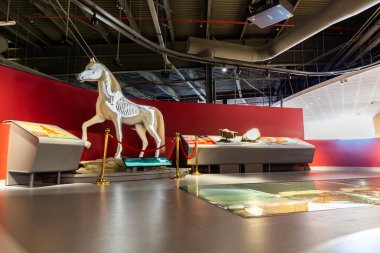 Sharjah, Birleşik Arap Emirlikleri, 24.11.2020. Mleiha Arkeoloji Merkezi müzesi ve içerideki sergiler, etkileşimli ekranlar ve bilgi panoları.