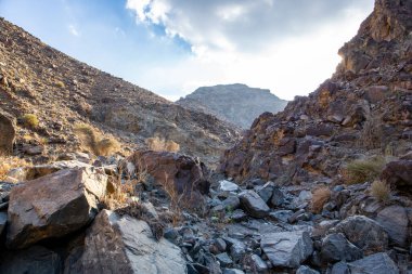 Stony, dry riverbed (wadi) with remains of raw ore of copper, green stones and rocks, Copper Hike Trail, Hatta, Hajar Mountains, UAE.