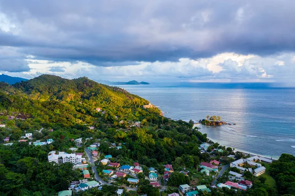 Mahe Island Port Glaud Village Drone Landscape Lush Tropical Forest — Foto de Stock