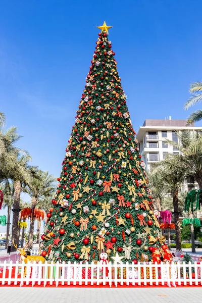 Dubai 'deki büyük Noel Ağacı, Town Square Park, yeşil palmiye ağaçları arasında, Orta Doğu' da Noel.