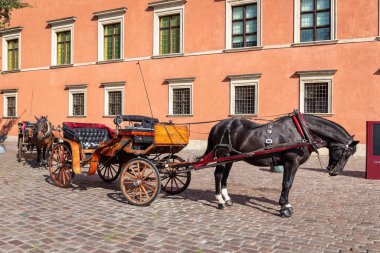Polonya 'nın başkenti Varşova' daki Kraliyet Kalesi 'nin önündeki Castle Square' de park etmiş turistler için eski tarz bir at arabası..
