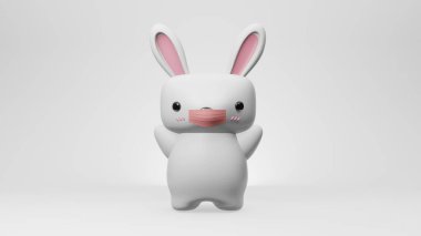 Paskalya Tavşanı 'nın beyaz arka planda tıbbi maske taktığı üç boyutlu illüstrasyon.. 