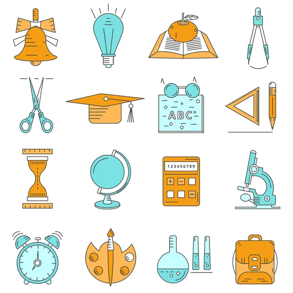 Conjunto de iconos lineales sobre la escuela y la educación de azul y orang — Vector de stock
