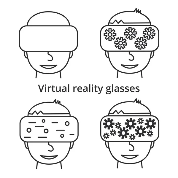 Caras con gafas de realidad virtual, iconos lineales — Vector de stock