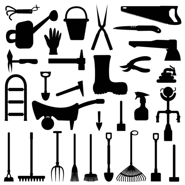 Black Gardener Tools Set Isolated White Background — Stock Vector