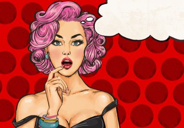 Pop Art kızla konuşma balonu. Pop Art kız. Parti Davetiyesi. Doğum günü kartı. Hollywood film yıldızı. Komik kadın. Seksi kız. Siyah elbise. Şehvet, iğfal, cinsel, cinsellik, Vay, makyaj, merak, aşk