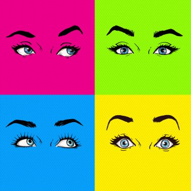 Pop art gözler. Moda reklam. Smiley dudaklar. Günaha, aşk, mutlu, gözleri şaşırttı. Gözleri izole ayarla. Tasarım öğesi. seksi bir görünüm, şehvet, şok, wow, Evet, belki de, Hayır, pop sanat illüstrasyon, pop art 