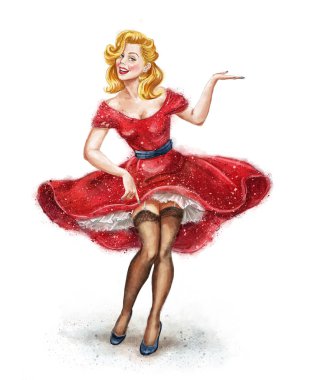 Vintage tarzı açık el ile kız. Pin up girl. Parti Davetiyesi. Doğum günü tebrik kartı. İllüstrasyon kadın açık el ile pin. Pin up girl. Reklam afişi. Dans eden kadın, pop art kadın