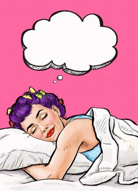 Güzel kız yatak odasında uyuyor. Pop Art kız. Reklam afişi. Komik kadın. Pop sanat arka plan. rüya gibi çekici, sabah, istirahat kadın, dinlenme, sevimli, sanat, pop, yüz, yatakta yatan sanıyordum,