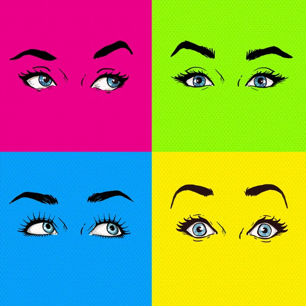 Pop art eyes. Fashion advertisement. Smiley lips.Temptation, love, happy, surprised eyes. Eyes set isolated. Design element. sexy look, lust, shock, wow, yes, maybe, no, pop art illustration, pop art