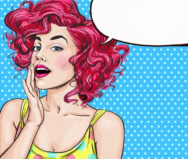 Attractive young sexy woman is announcing, telling a secret, shouting or yelling. Advertising poster. Comic woman. Gossip girl, red cheeks, beauty, curls, sexy girl, beach party, strong woman, Hey,Wow — Stock Photo, Image