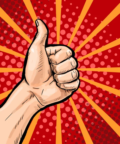 Closeup of male hand showing thumbs up sign on pop art background. Pop Art poster. Pop Art background. isolated, message, support, symbol, surprise, discount, positivity, sign, sale, vintage, wow, yes — Stock Photo, Image