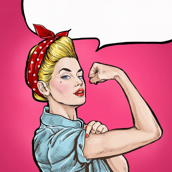 Pop art background. We Can Do It. Iconic woman's fist/symbol of female power and industry. Advertising.Pop art girl. Protest, meeting, feminism, woman rights, woman protest, girl power. yes we can — Stock Photo, Image