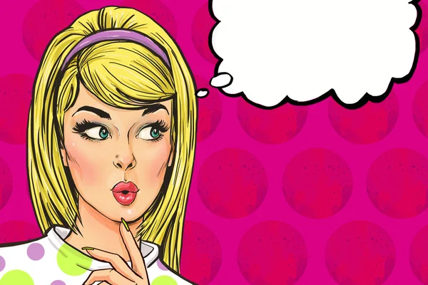 Pop Art illustration of girl with the speech bubble.Pop Art girl.Party invitation.Birthday greeting card.Hollywood movie star.Vintage advertising poster.Fashion woman with speech bubble.Thinking woman — Stock Image Pop Art illustration of girl with the speech bubble.Pop Art girl.Party invitation.Birthday greeting card.Hollywood movie star.Vintage advertising poster.Fashion woman with speech bubble.Thinking woman Royalty Free Stock Photos