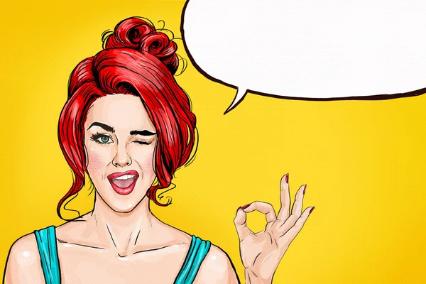Winking girl is showing OK sign with speech bubble.Pop Art girl. Party invitation. Birthday greeting card.Hollywood movie star.Vintage advertising poster. Comic woman with speech bubble. Sexy — Stock Image Winking girl is showing OK sign with speech bubble.Pop Art girl. Party invitation. Birthday greeting card.Hollywood movie star.Vintage advertising poster. Comic woman with speech bubble. Sexy Royalty Free Stock Photos