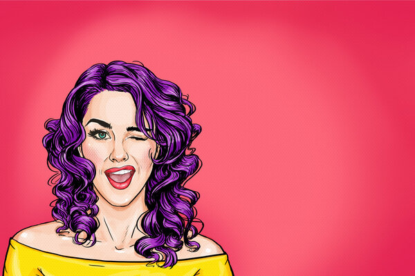 Winking girl on pink background. Pop Art girl.