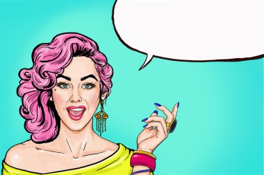 Pop Art kızla konuşma balonu. Parti Davetiyesi. Doğum günü kartı. danışmanlık, film yıldızı. Komik kadın. Seksi kız. Satış, iskonto, hayret, wow, dudaklar, konuşmak, Vay canına, makyaj, merak ediyorum, soru, Evet yüz, şirin