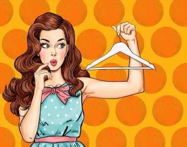 Pop Art düşünce askı kızla. Komik kadın. Seksi kız. Hayran kadın. Vintage reklam afişi. Düşünme kadın. flört, sanat, güzel, satın alma, Dükkanı, dedikodu, yüz, fiş, retro, pop, hediye, indirim