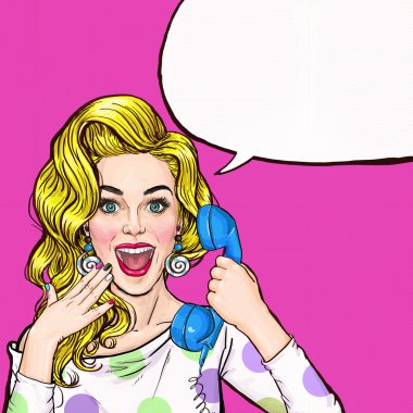 Sürpriz genç seksi kadın haykırış bağırmak/retro telefonda. Reklam poster.Comic kadın. Kız, kırmızı yanakları, bukleler, seksi kız, Not, yenilikçi, hey, Vay, ilan, Evet dedikodu. Pop Art kız. Beni ara.