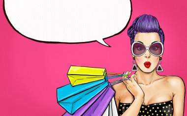 Pop Art kız alışveriş torbaları ile. Komik kadın. Seksi kız. Hediye, hayret, wow, sevimli, dudaklar, yüz, Vay, makyaj, merak, günaha, lüks, doğum günü, vintage, fiş, aşk, butik, yanakları, kabarcık
