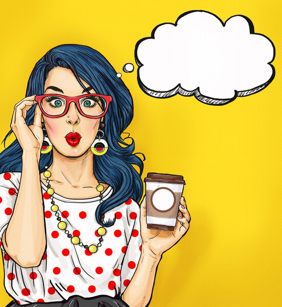 Pop Art girl with coffee cup in glasses with thought bubble. Party invitation. Birthday card. Hollywood, movie star. Comic woman. Sexy girl. Amazed, wow, cute, lips, hippie, face, wonder, temptation