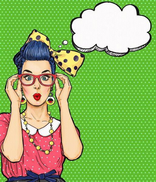 Поп-арт девушка в очках с мыльным пузырем. Приглашение на вечеринку. Открытка на день рождения. Голливуд, женщина-комик. Сексуальная девушка
.