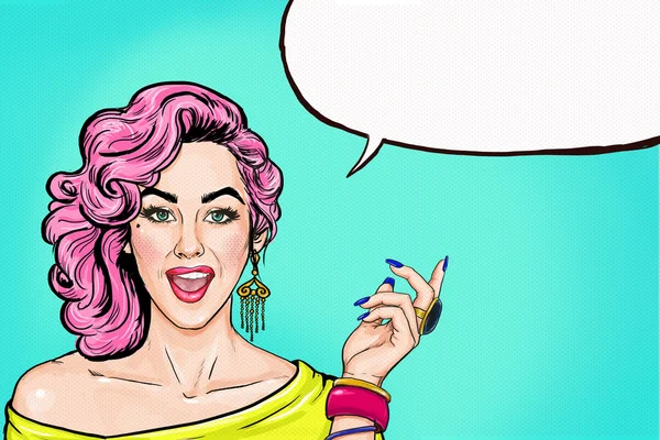 Pop Art girl with speech bubble. Party invitation. Birthday card. advising, movie star. Comic woman. Sexy girl. Sale, discount, amazed, wow, cute, lips, speak, face, wow, makeup, wonder, question, yes — Stock Image Pop Art girl with speech bubble. Party invitation. Birthday card. advising, movie star. Comic woman. Sexy girl. Sale, discount, amazed, wow, cute, lips, speak, face, wow, makeup, wonder, question, yes Stock Image