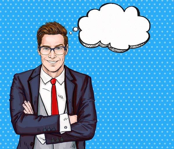 Smiling Businessman in glasses in comic style with speech bubble.Success .Worker. — Stock Image Smiling Businessman in glasses in comic style with speech bubble.Success .Worker. Stock Image