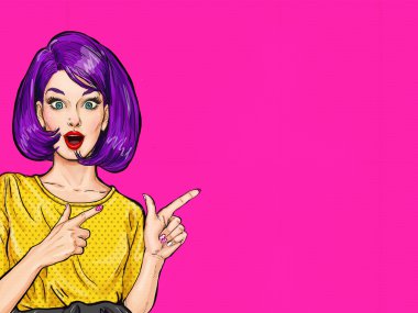 Pop Art kadın işaret parmağı kopya alanı gösterilen şaşırttı. Parti Davetiyesi. Doğum günü tebrik kartı. Hollywood film yıldızı. Vintage reklam afişi. Kadın moda. Seksi. Parmak işaret