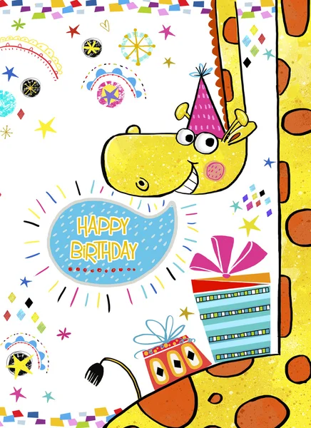 Giraffe mit Geschenken. Glückwunsch zum Geburtstag. Glückwunschkarte zum Geburtstag mit Geschenken in leuchtenden Farben — Stockfoto