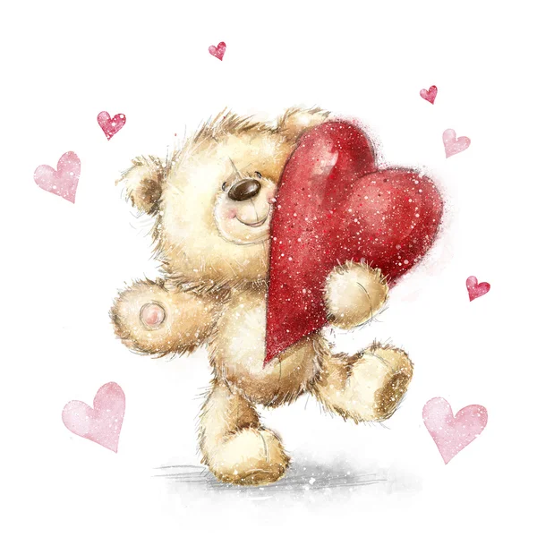 Osito de peluche con el gran corazón rojo. Tarjeta de felicitación de San Valentín. Diseño del amor.Amor.Te amo tarjeta . — Foto de Stock