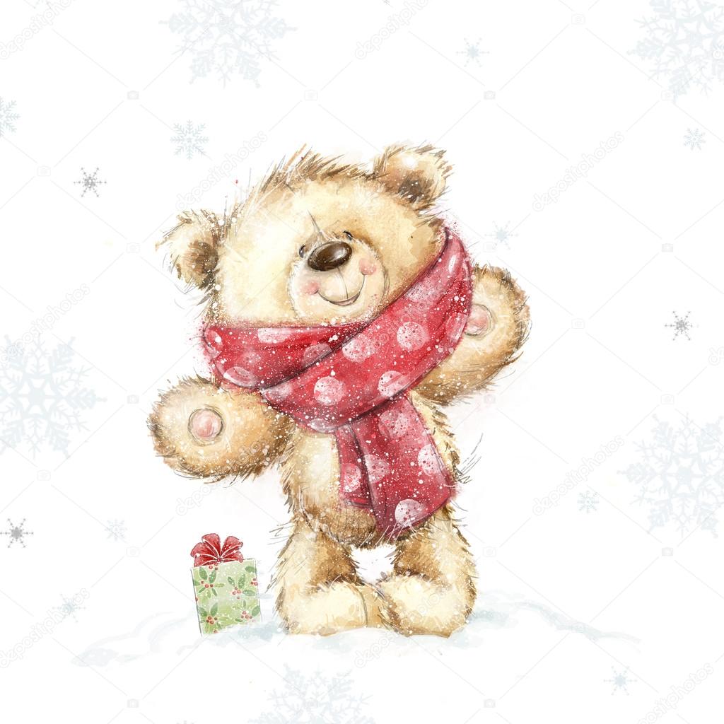 Cute teddy bear with the gift . Christmas greeting card. Merry Christmas.