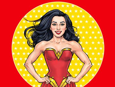 Pop Art süper kahraman kadın. Kız elektrik reklam afişi. Kazanan kaslı vücudunu gösteriyor. Süperkadın.