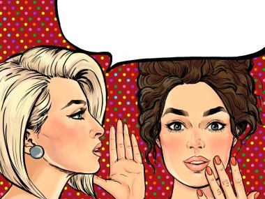 Amazed women gossip with thought bubble. Advertising poster or disco flayer design of female conversation. Two beautiful girls talking about you. clipart