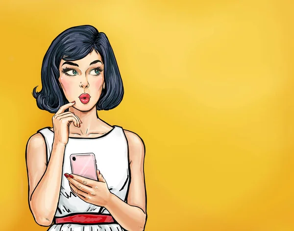 Thinking Young Sexy Woman Looking Empty Space Smartphone Pop Art — Stok Foto
