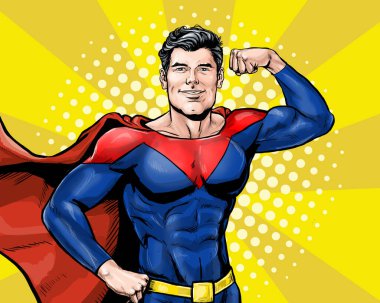 Pop Art süper kahramanı pazılarını göstererek gösteriş yapıyor. İnsan gücü reklam afişi. Güçlü, güler yüzlü, atletik, formda bir adam.. 