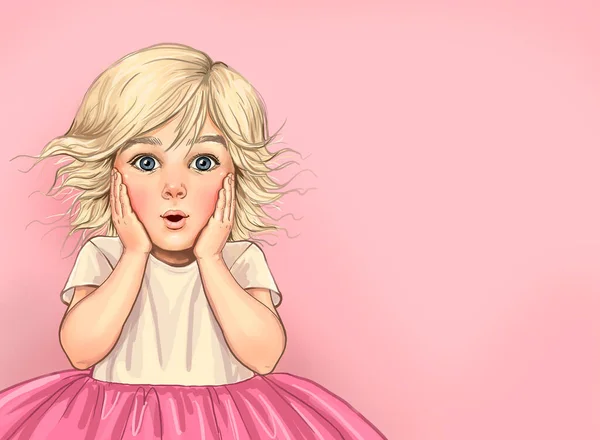 Meglepett Aranyos Kislány Rózsaszín Háttérrel Gyermek Mód Tartja Kezét Arca — Stock Fotó