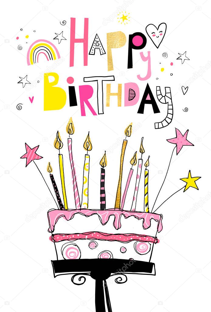 Birthday cake with candles and stars. Beautiful happy birthday greeting card with text, drops and stars in bright colors.