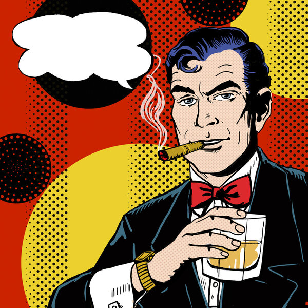 Vintage Pop Art Man with glass  smoking  cigar and with speech bubble. Pop Art background.Man in comic style.