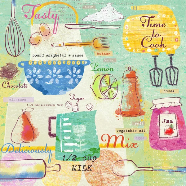Bezešvé vzor s kuchyně items.stylish návrhové prvky: vidlička, lžíce, misky, mixer, citron, nůž a others.food pozadí. — Stock fotografie